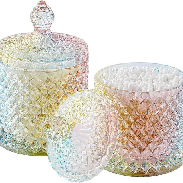 Qtip Holder Glass Apothecary Jars with Lid Bathroom Accessories Vanity Organizers and Makeup Storage for Cotton Swabs, Makeup Sponges, Bath Salts, Canister Dispenser, 2 Pack Rainbow