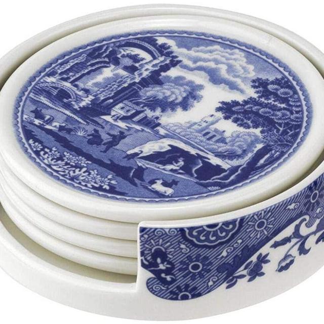 Spode BLI79170-XP Blue Italian Coaster Set of 4 and Holder, Ceramic