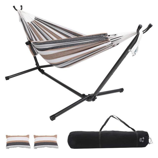 ONCLOUD Double Hammock with Stand 9ft Space Saving Steel Stand Includes Cup Holder,Two Pillows,Portable Carrying Case (Desert Stripes)