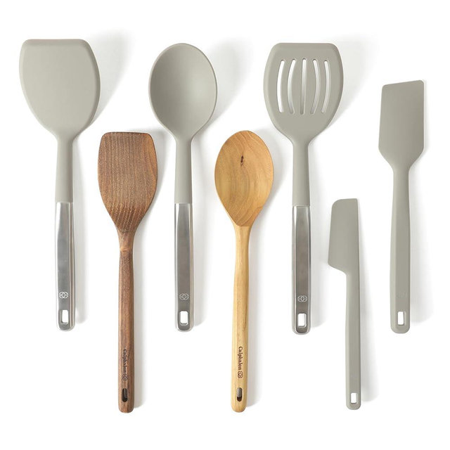 Calphalon Prime 7 Piece Sillicone and Teak Wood Kitchen Tool & Gadget Set - Taupe
