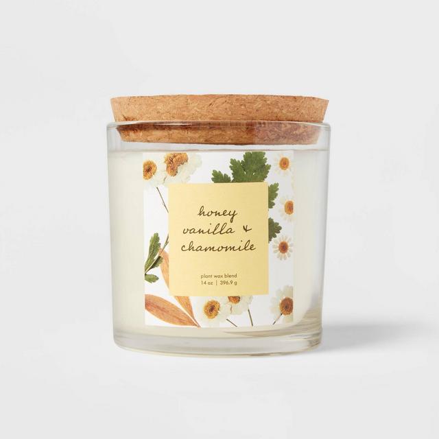 14oz Glass Candle with Cork Lid Honey Vanilla and Chamomile - Threshold™