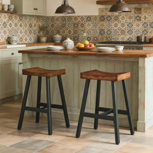 JUBILOOM Industrial Counter Stools Set of 2, 25" Backless Bar Stools with Rustic Brown Saddle Seat & Matte Black Metal Frame, Heavy Duty Kitchen Barstools for Farmhouse, Industrial Decor