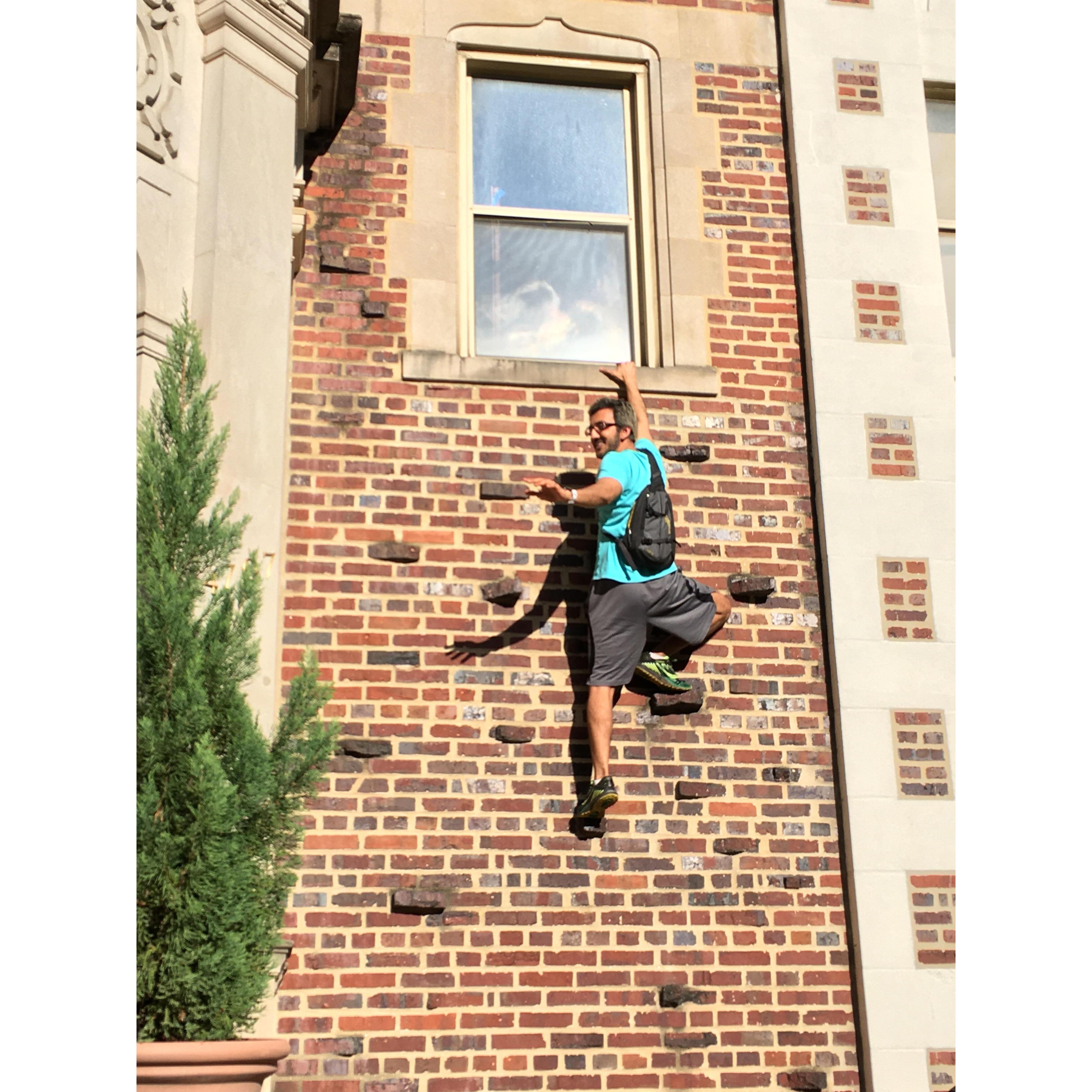 We shared a silly moment here climbing a building. We realized early on how goofy we both are.