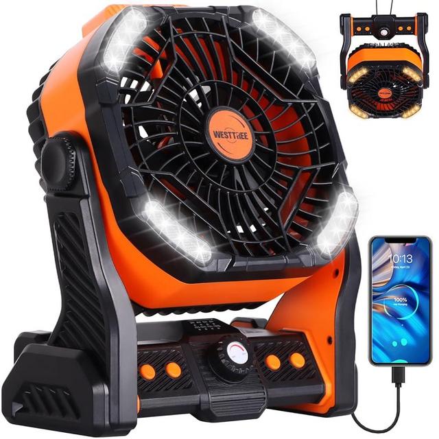 WESTTREE 20000mAh Camping Fan Battery powered fan,Portable fan Battery Operated fan, Rechargeable Battery Operated Outdoor Tent Fan with Light & Hook,Personal USB Desk Fan for Camping,Orange