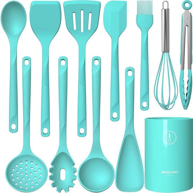 Silicone Cooking Utensils Set - 600°F Heat Resistant, Nonstick Kitchen Utensil Set with Spatulas, Spoons, Whisk, Tongs, BPA Free, Dishwasher Safe (Teal)