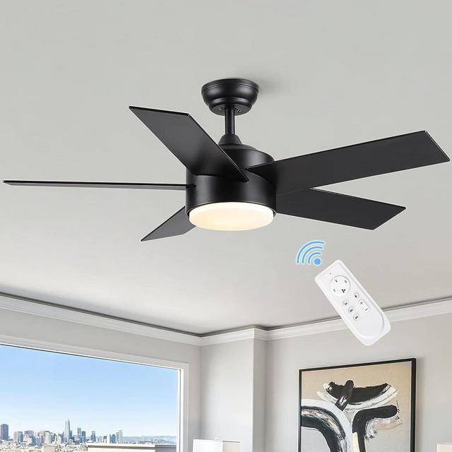 POCHFAN 44 inch Black Ceiling Fan with Light Remote Control, Dimmable Ceiling Fans with Lights, 3-Colors, Reversible, Modern Ceiling Fan for Bedroom, Dining Room, Patio