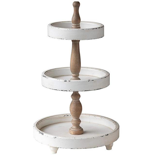 Distressed Rustic Wood Three Tiered Tray White,Large Round 3-Tier Decorative Tray Serving Cupcake Stand for Coffee Bar, Kitchen Counter, Dining Room Table, Holiday and Farmhouse Decor (White)