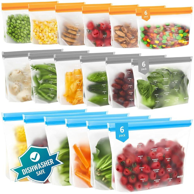 Dishwasher Safe Reusable Storage Bags Stand Up - BPA Free PEVE Reusable Sandwich Bags - Leakproof Gallon Freezer Bags, Silicone Food Storage Bags (Multicolor (6 Ganllon + 6 Sandwich +6 Snack))