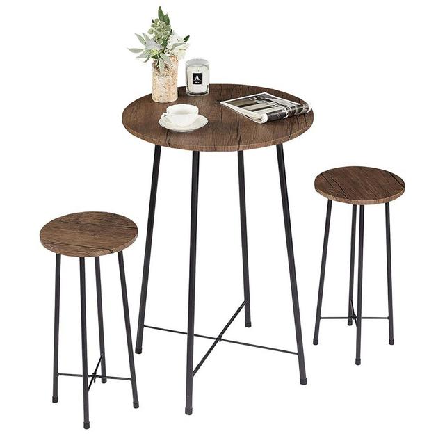 VECELO Small Bar Table and Chairs, Round Bistro Sets with 2 barstools, 3-Piece Pub Dining Furniture, Counter Height Wood Top for Breakfast Dinner Coffee Nap Conference, Easy Assembly