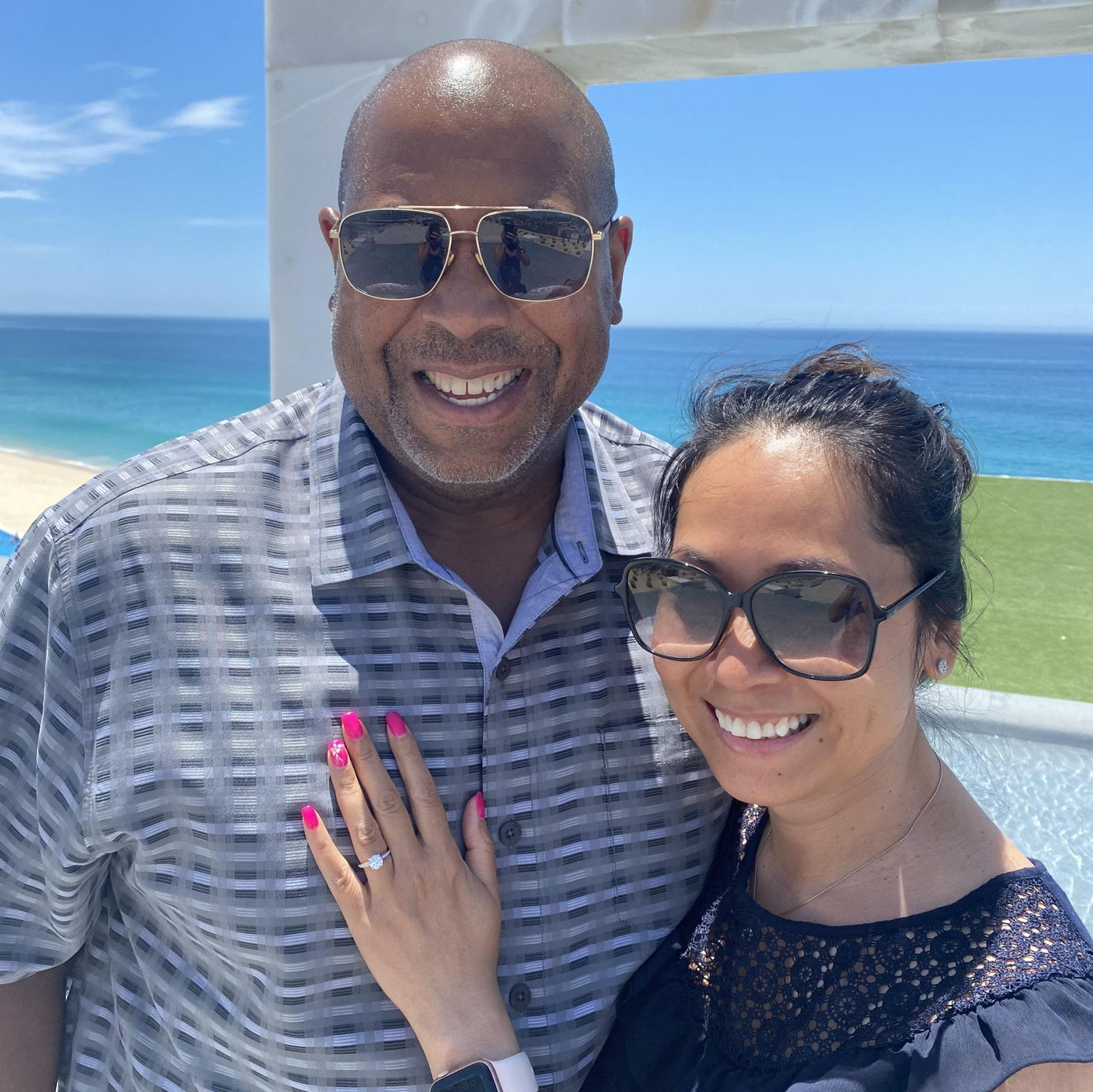 This photo captures the moment Mike proposed in Cabo San Lucas, loving me exactly as I am: no perfect hair or outfit, just genuine, heartfelt moment that means everything to us.