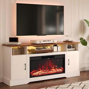 70 inch Fireplace TV Stand for Living Room, Electric Fireplace TV Stand with 12 Colors of 3D Flame & Heating, Entertainment Center with Storage Cabinet (White, Wavecrest)