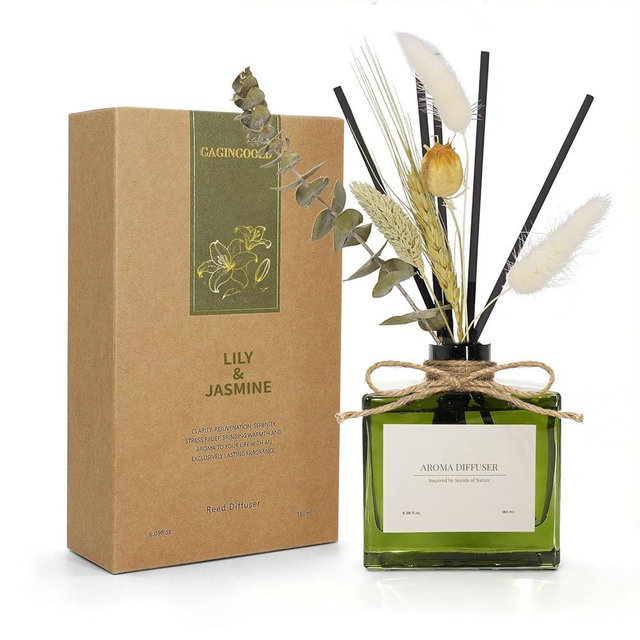 GAGINGOOLD Reed Diffuser, 6.09 oz Jasmine Lily Scent Diffuser with Sticks & Dried Flowers, 120 Days Long Lasting reed diffusers for home, Elegant fragrance for Bathroom Bedroom Office Decor, Air fresh