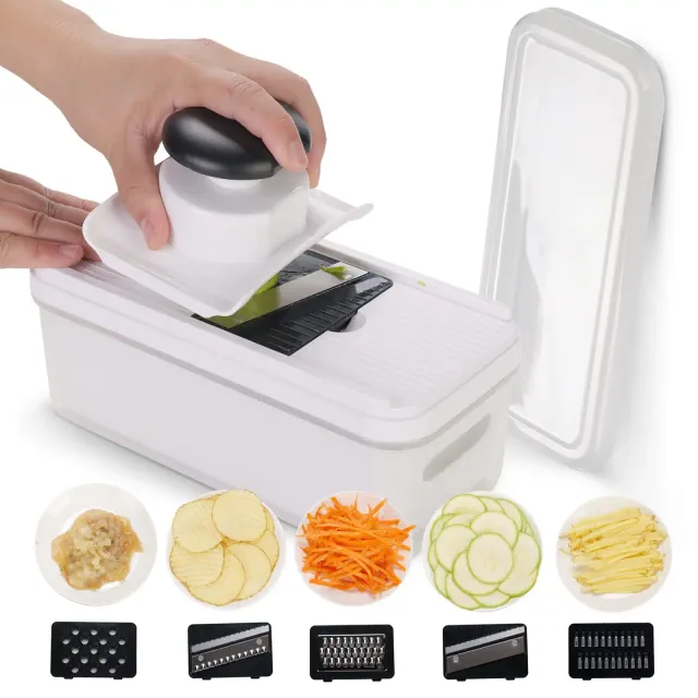 Cheer Collection Vegetable Slicer with 5 Stainless Steel Blades and Storage Container with Lid, Black and White