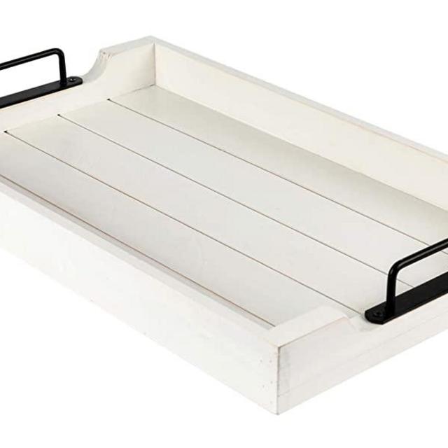 Large decorative wooden table tray- White Ottoman tray with metal handles, party tray, breakfast tray in bed, tea tray, coffee tray- dinner and snack serving tray- Bridal shower and housewarming gift