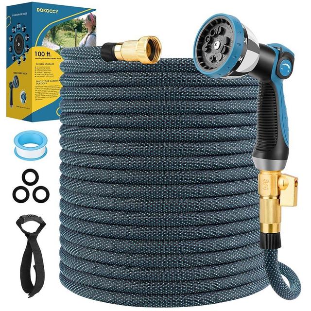 DOKOCCY Non-Expanding Garden Hose 100 ft, Flexible Kink Free Water Hose with 10 Watering Spray Nozzle, Lightweight Hose Pipe, Leak-Proof, Durable, 3/4" Brass Alloy Connector, Portable Storage Strap