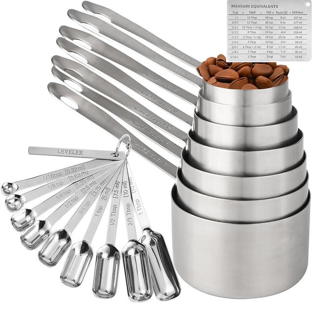 IFFMYJB Measuring Cups and Spoons Set of 19, 7 Stainless Steel Stackable Measuring Cups, 9 Measuring Spoons, Metal Measuring Spoons and Cups for Dry or Wet Ingredients During Kitchen & Baking