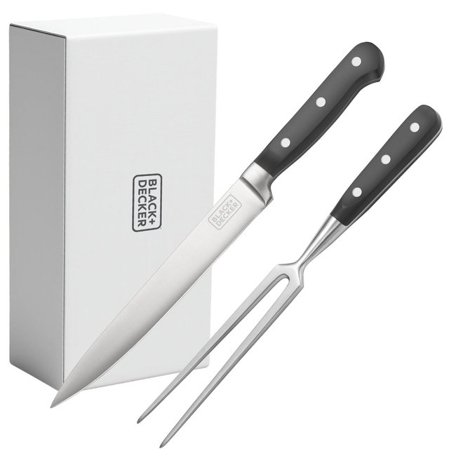 BLACK+DECKER 2-Piece Stainless Steel Carving Knife Set, 8 Carving Knife & 7 Fork, 3CR13 Stainless Steel Blade, Black ABS Handles, Magnetic Gift Box