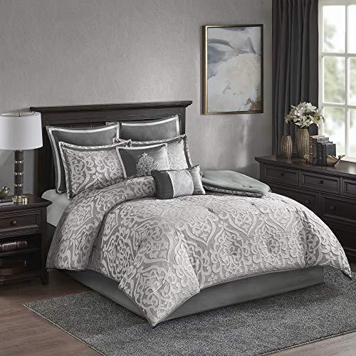 Madison Park Odette Comforter Solid Jacquard Damask Medallion On Satin Striped Ultra Soft Down Alternative Hypoallergenic Microfiber Reverse All Season Bedding-Set, California King, Silver