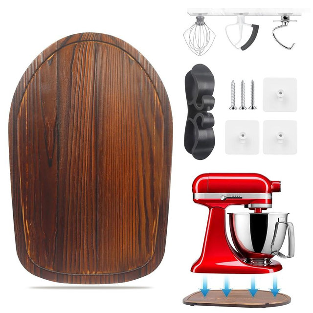 Sliding Mat for Kitchen aid 4.5-5 Qt Stand Mixer with 1Pc Cord Organizer and 3Pcs Attachment Holder for Kitchen Appliance Slider Counter, Moving Tray (4.5-5 Qt Pine Wood, Brown)