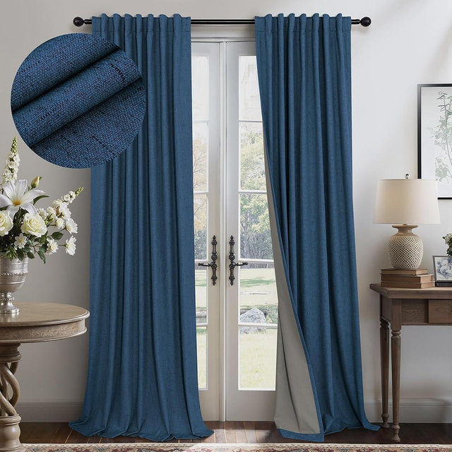 Pitalk Navy Blue Blackout Curtains for Living Room 84 Inch Length 2 Panels Set Back Tab Pocket Faux Linen Window Drapes Thermal Insulated Room Darkening Curtain for Bedroom Boys 52 x 84 Long Dark Blue