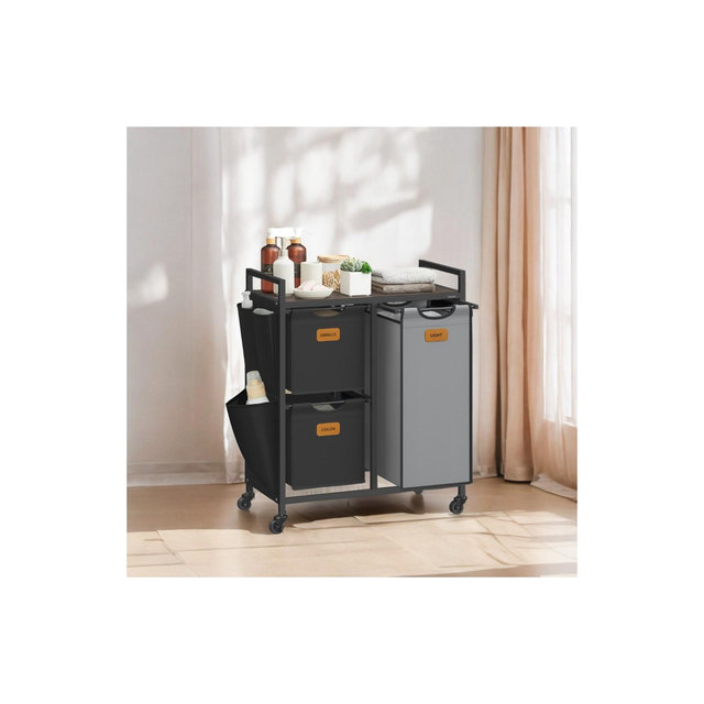 Chestnut Brown, Ink Black and Dove Gray Laundry Hamper 26.4 Gal 3-Compartment Laundry Sorter with Rolling Feature, Shelves and 6 Labels