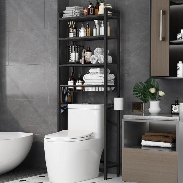 Kalrin Over-The-Toilet Storage Rack, 4-Tier Bathroom Organizer Shelf Over Toilet with Adjustable Shelf and Basket, Freestanding Space Saver Bathroom Shelves above Toilet for Room (Pure Black)