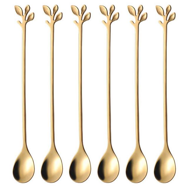 AnSaw Long Handle 7.4-Inch Leaf Teaspoons set, 12 Pcs Gold Stainless Steel Coffee stirring spoon