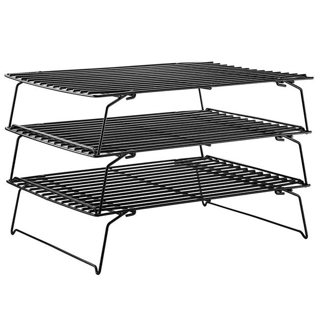 CHEFMADE Baking and Cooling Rack Set, 13.5-Inch 3-Tier Non-Stick Stackable Collapsible Rectangle Wire Rack for Oven Baking (Black)