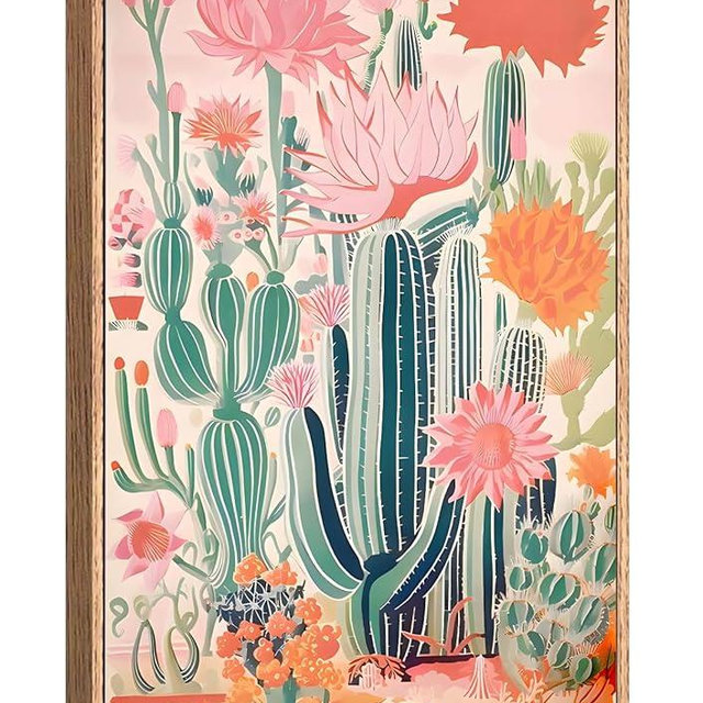 KISSFOX Framed Mexican Canvas Wall Art Cactus Desert Plant Poster Prints Vintage Green Pink Orange Botanical Floral Painting Colorful Southwestern Rustic Picture Decor Living Room Bathroom Bedroom