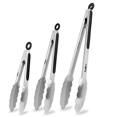 Walfos Food Grade Stainless Steel Kitchen Tongs for Cooking,BBQ - 7 ，9 and 12 Inch,Set of 3 Heavy Duty Locking Metal Food Tongs Non-Slip Grip