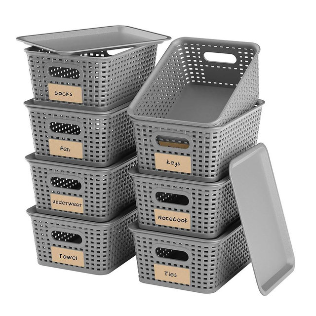 WRRLORS 8-Pack Grey Plastic Storage Baskets with Lids, Label Organizers, Stackable Organizer Containers: For Organizing Shelves, Drawers, Desk Closets, Playrooms, Classrooms, Offices