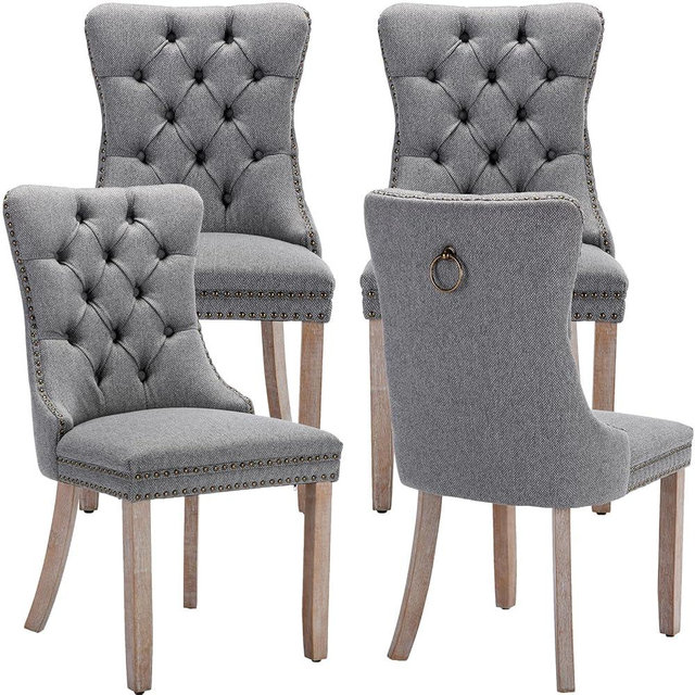 ODUSE-DAILY Gary Linen Dining Chairs Set of 4, Kitchen & Dining Room Chairs Set of 4, Tufted Dining Chairs, Upholstered, Wood Legs (Grey, 4pcs)