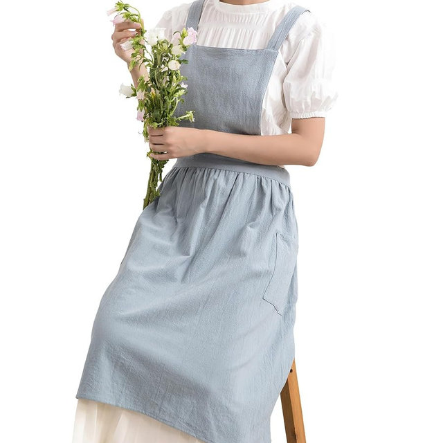 KITCHIEF Cotton Linen Pinafore Dress Cute Apron for Women with Pockets Art Vintage Aprons for Kitchen Baking Gardening