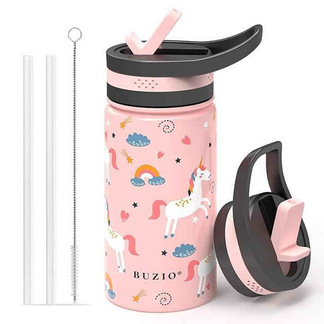 BUZIO Insulated Water Bottle for Kids, Modern Vacuum Insulated Hydro Bottle with 2 Straw Lids, 14oz Double Walled Wide Mouth Sports Drink Flask with Pink Unicorn Patterns, Simple Thermo Canteen Mug