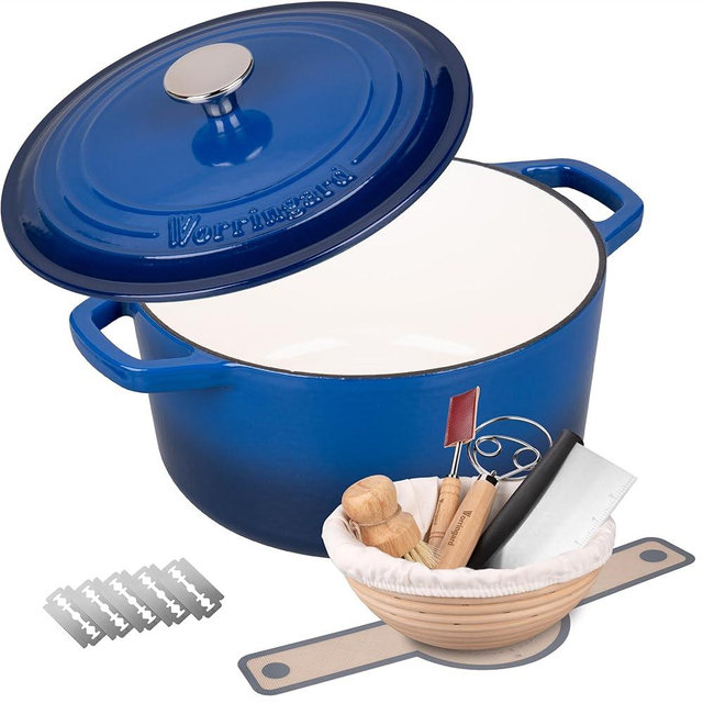 VORRINGARD Enameled Cast Iron Dutch Oven Pot with Lid, for Bread Baking, Round Bread Oven- include Sourdough Bread Baking Supplies Set, 6QT, Blue