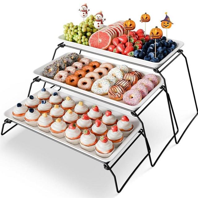 Bumusty Extra Large 3-Tier Melamine Serving Tray Set and Cupcake Stand for Party Events, 17" Platters with Tiered Stand, Holds 63 Cupcakes, Food, Dessert, and Fruit – Black