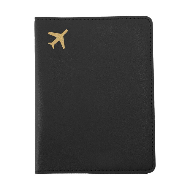 Unique Bargains Gold-stamped Airplane Pattern Passport Holder Black 1 Pc
