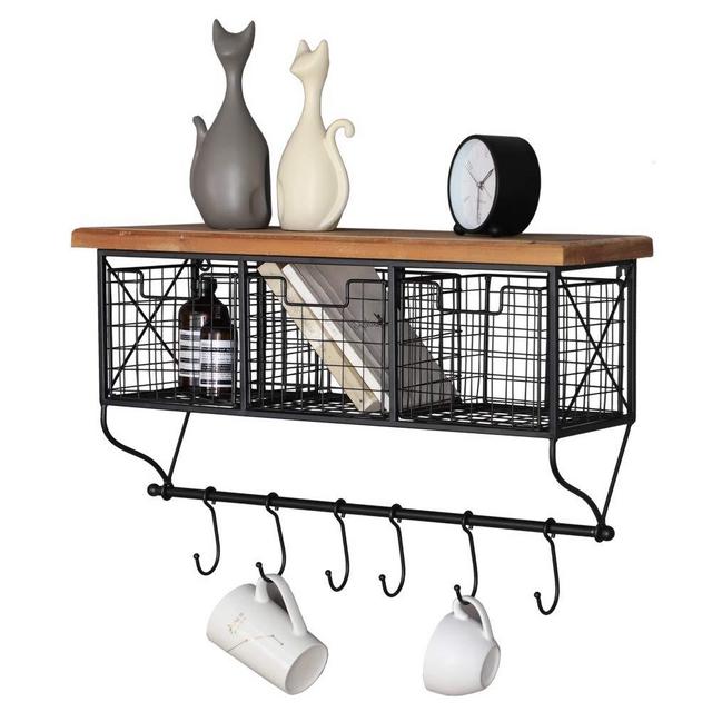 Industrial Wall Mounted Metal Wood Shelf with Baskets Hooks Hanging Storage Rack Display Shelf Sundries Holder for Coffee Bar Kitchen Office Bathroom Organization and Home Decor, Black