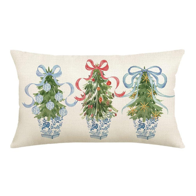 NUTEEN Chinoiserie Christmas Tree Blue Throw Pillow Covers 12x20 Inch Chinoiserie Winter Pillows Hanukkah Ginger Jar Check Bow Tree Pillowcase Cushion for Holiday Home Decoration