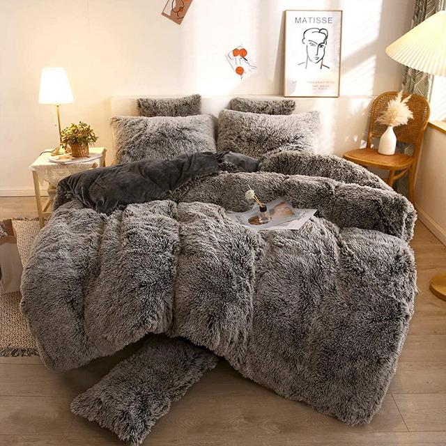 XeGe Plush Shaggy Duvet Cover Set Luxury Ultra Soft Crystal Velvet Bedding Sets 3 Pieces(1 Faux Fur Duvet Cover + 2 Faux Fur Pillow Cases),Zipper Closur (Queen, Dark Gray Ombre)