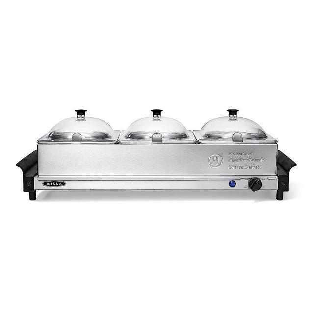 BELLA 4.5 Quart Triple Electric Buffet Server, Food Warming Tray & Slow Cooker - Brushed Stainless Steel Heated Serving Station for Parties & Catering