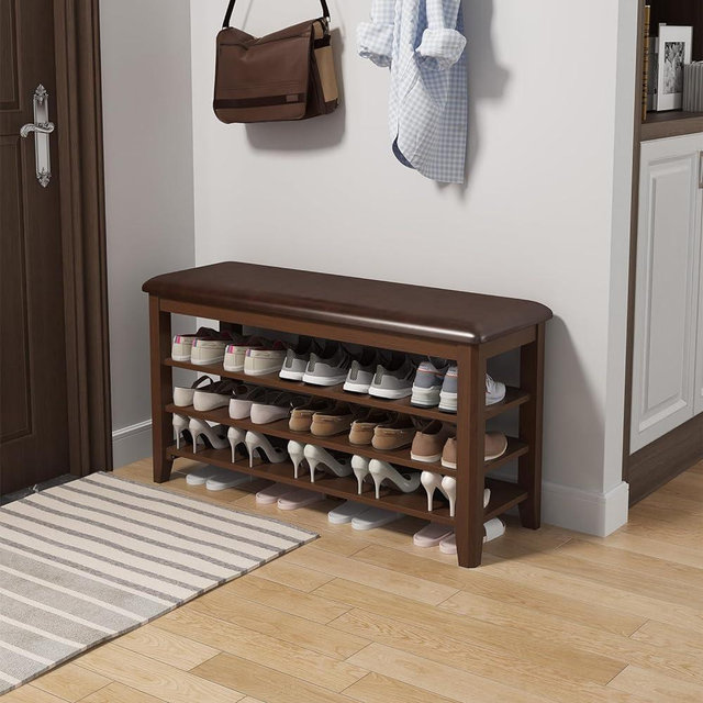 KASLANDI Wood Shoe Bench with Cushion, Shoe Rack Bench Height Adjustable, Walnut Entryway Bench for Hallway, Mudroom (Walnut 3-Tier, 39.4")