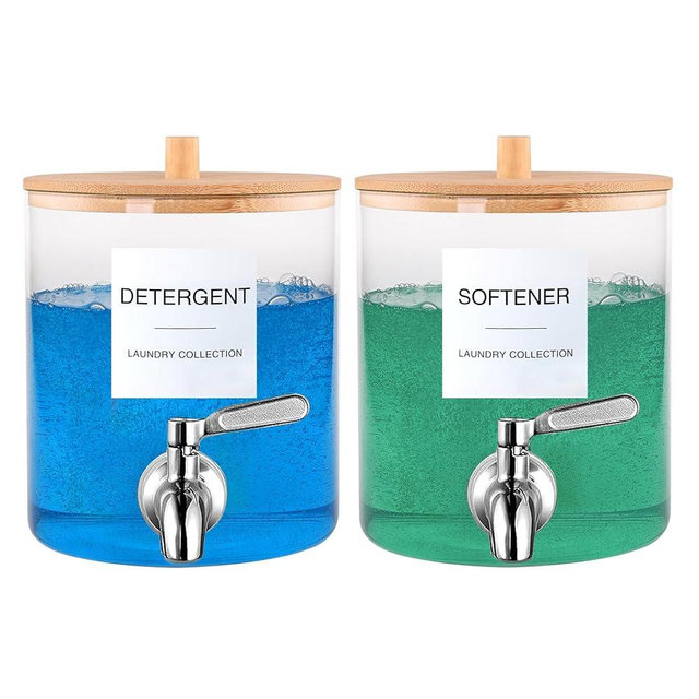 Glass Laundry Detergent Dispenser, 128 oz / 3.5L Fabric Softener Dispenser for Laundry Room Organization, Detergent Holder with 304 Spigot, Glass Soap Container (Set of 2)