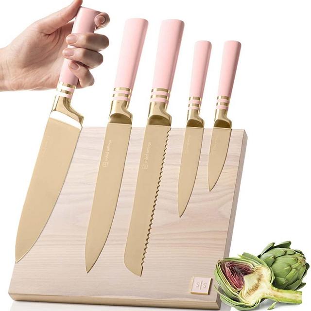 Styled Settings Pink Knife Set with Magnetic Knife Block - 6 PC Pink and Gold Knife Set with Block Includes Pink Kitchen Knife Set & Ashwood Magnetic Knife Holder - Pink Kitchen Accessories