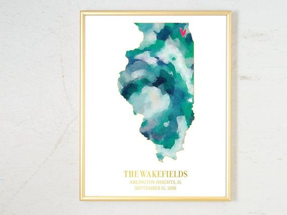 Wedding Gift for Couple, Personalized State Watercolor, Engagement Gift Illinois Map Art Watercolor Art Print Personalized Wedding Date Gift
