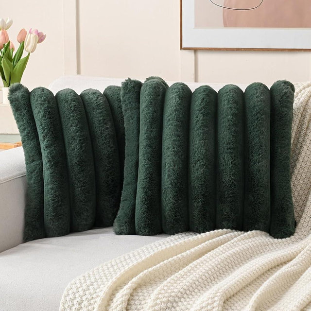 HAUSSY Faux Fur Throw Pillow Covers 18x18 Inch Set of 2,Decorative Striped Neutral Pillow Cases Soft Plush Couch Pillow Covers,Home Decor for Sofa,Bed, Living Room,Dark Green
