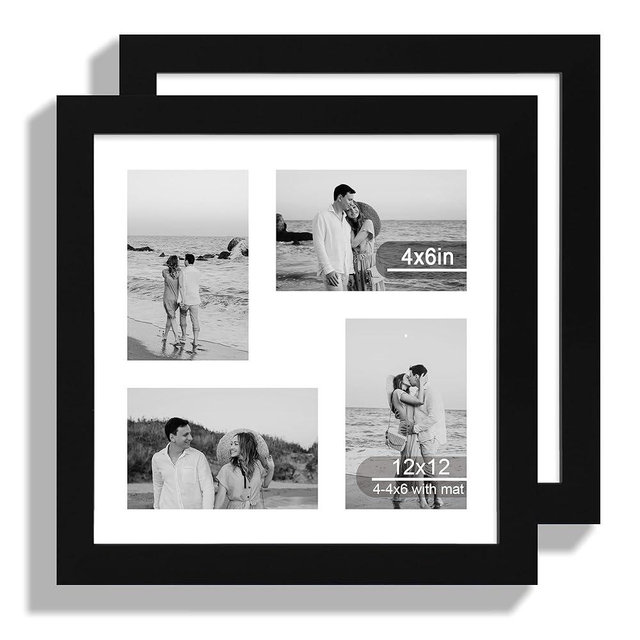 Hongkee 12x12 Picture Frame Set of 2, Black Wood Frame with Glass Collage Frame, Display Pictures 4-4x6 With Mat or 12 x 12 Without Mat, Square Photo Frames Collage for Wall Hanging or Tabletop