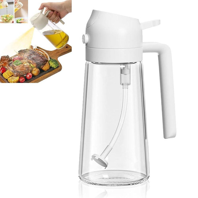 Evermire Two in One Oil Dispenser, 2-in-1 Olive Oil Sprayer for Cooking 470ml, Oil Dispenser for Kitchen Spray, 2 in 1 Olive Oil Sprayer and Dispenser, 16oz Oil Dispenser Bottle for BBQ (White)