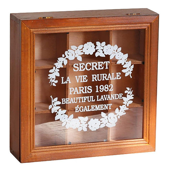9-Slot Mini Wooden Storage Box with Glass Cover (9.44x9.44x2.8in) Collectibles Display Case - Square Wood Organizer Box with Dividers - Storage & Organizer Case for Tea, Essential Oils, Spices & More
