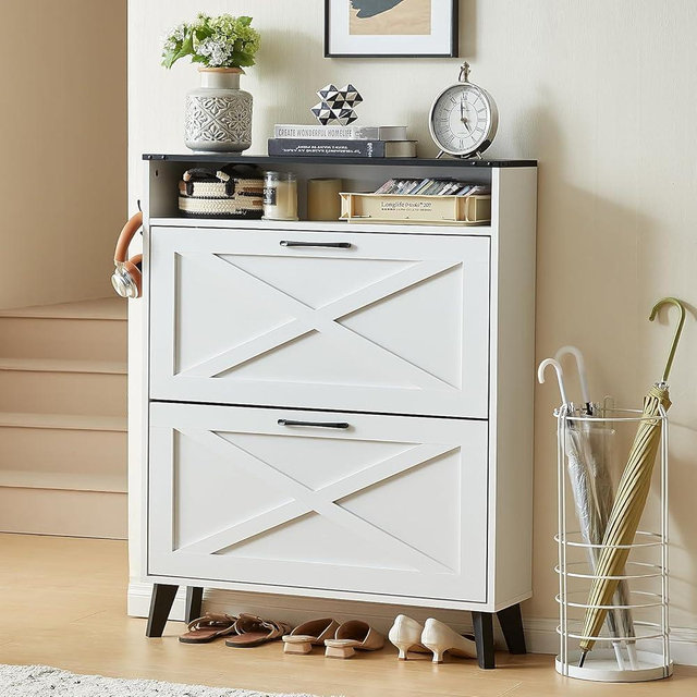 Joaxswe Shoe Cabinet Storage for Entryway with 2 Flip Drawers 2 Hook Open Storage Layer Rack Narrow Organizer Slim Hidden Wood Shoe Cabinet Furniture White